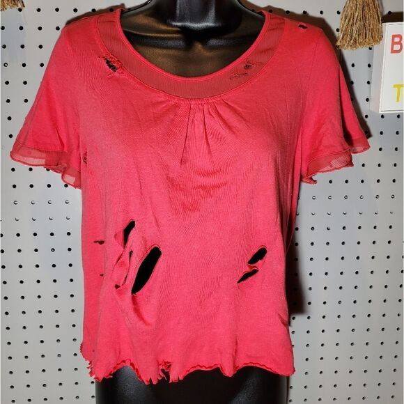 TRASHED Ripped Coral Scoopneck Blouse, Sz Small/Med, Custom Glammed Up Grunge! - Picture 2 of 7